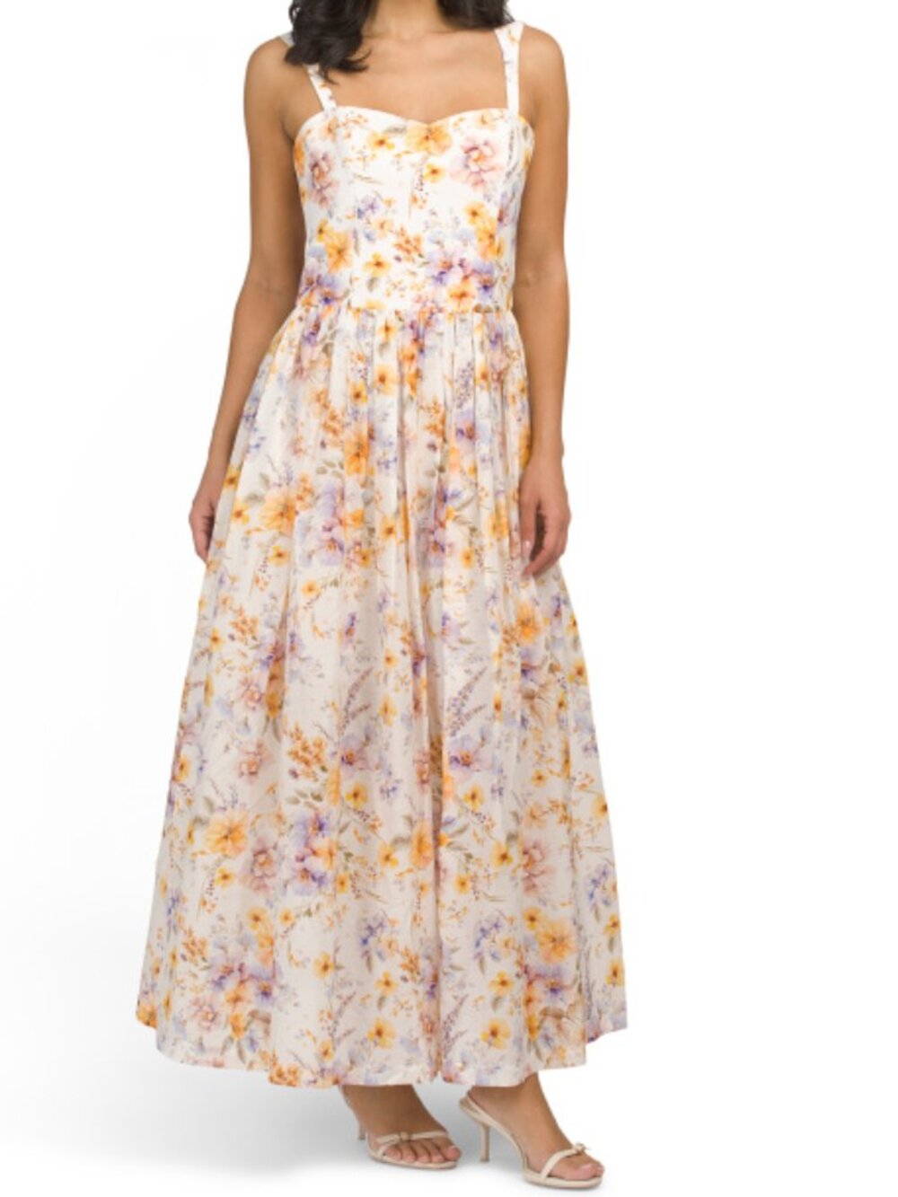AQUA BLU White/Yellow Silk Blend Lilas Drop Waist Maxi Dress